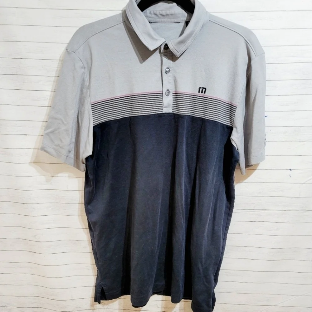 TRAVIS MATHEW GOLF CLUB TEE, GRAY & BLACK STRIPE SZ MEDIUM